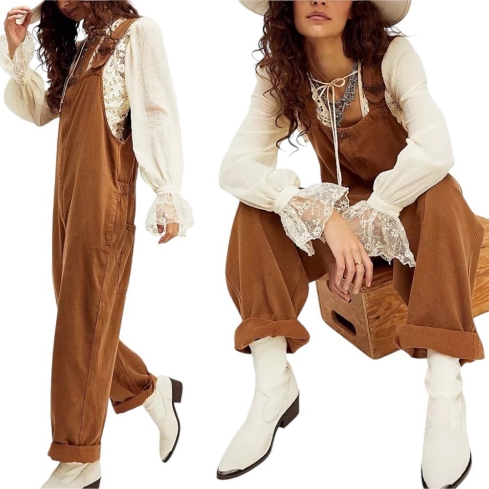 Free People - We The Free Hunter Denim Overalls Khaki Overdye Boho Women’s Sz M